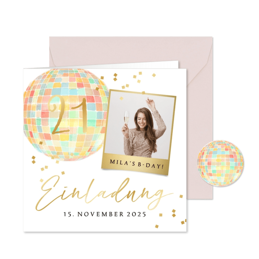 Einladung 21. Geburtstag Discokugel Goldkonfetti mit Foto - Karteneindruck