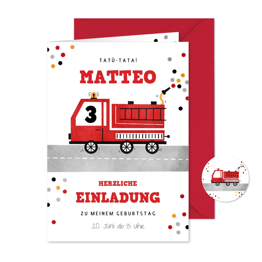 Einladung 3. Geburtstag Feuerwehr - Karteneindruck
