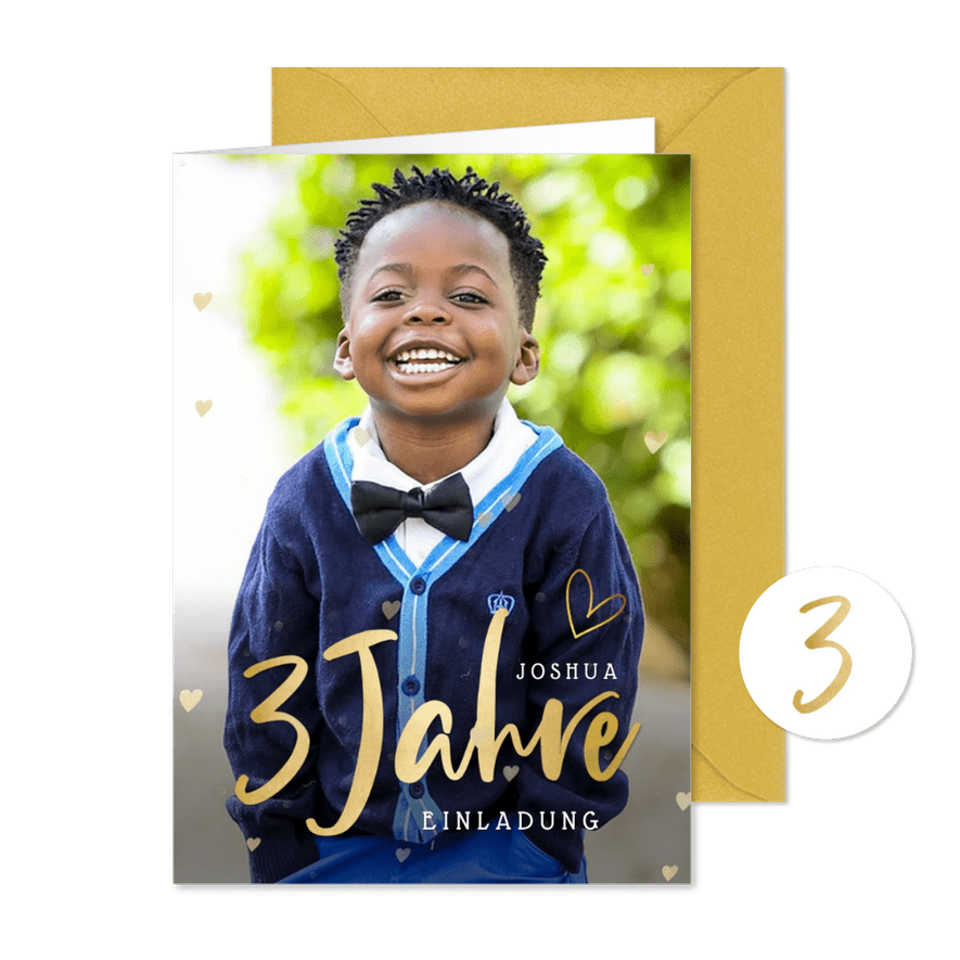 Einladung 3. Geburtstag Foto Goldlook - Karteneindruck
