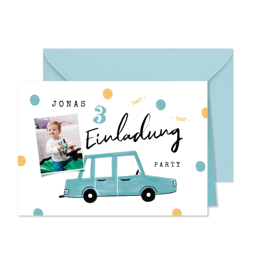 Einladung 3. Kindergeburtstag Auto & Foto - Karteneindruck
