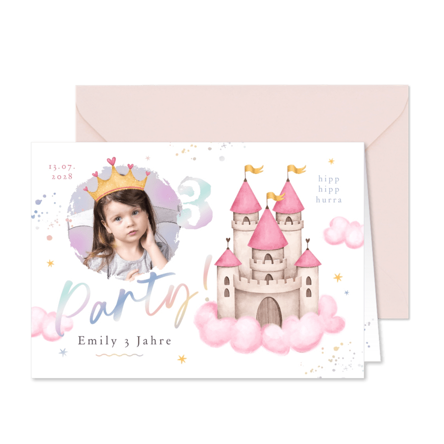 Einladung 3. Kindergeburtstag Foto & Märchenschloss - Karteneindruck
