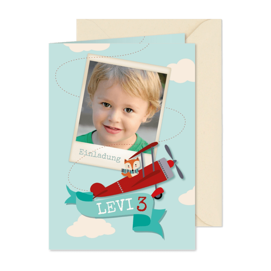 Einladung 3. Kindergeburtstag Fuchs in Flugzeug - Karteneindruck
