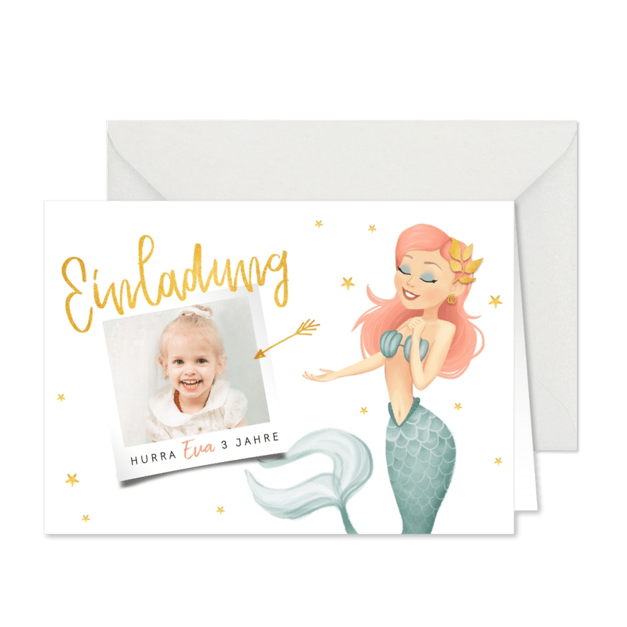 Einladung 3. Kindergeburtstag Meerjungfrau, Sterne und Foto - Karteneindruck
