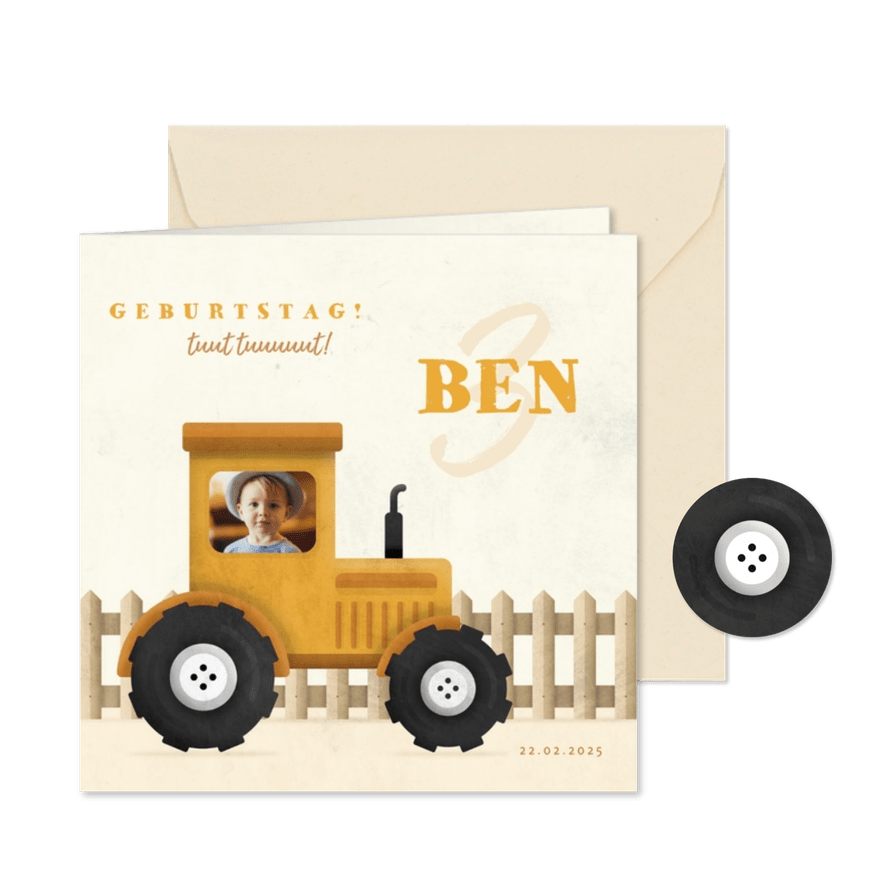 Einladung 3. Kindergeburtstag mit Foto im Traktor - Karteneindruck
