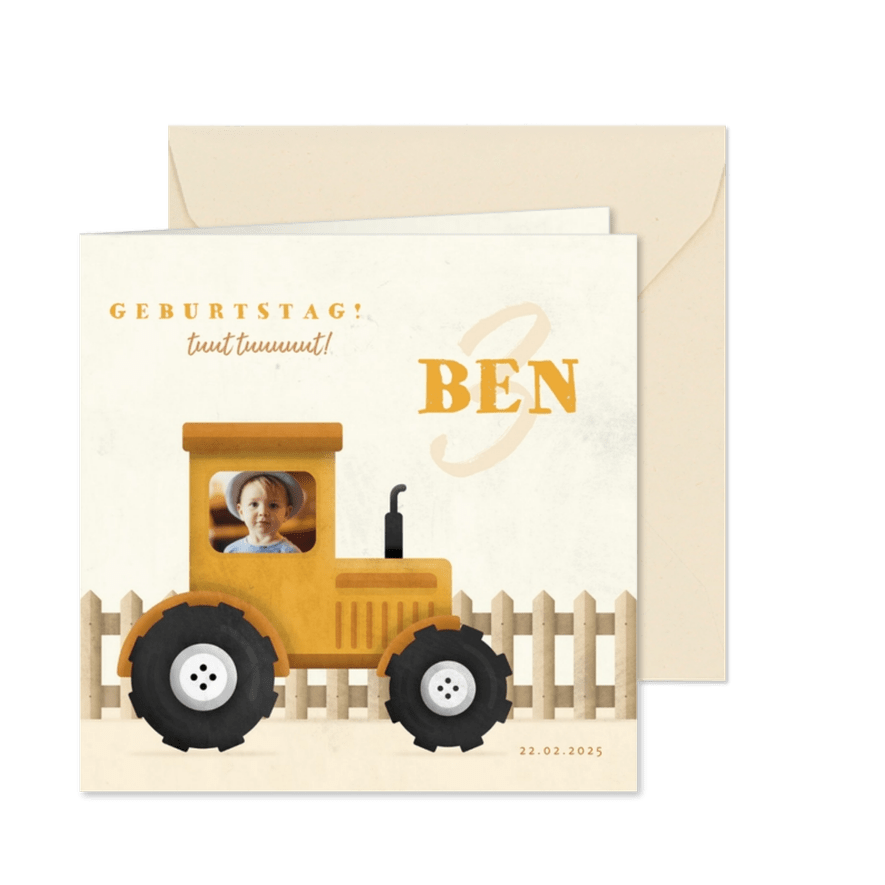Einladung 3. Kindergeburtstag mit Foto im Traktor - Karteneindruck