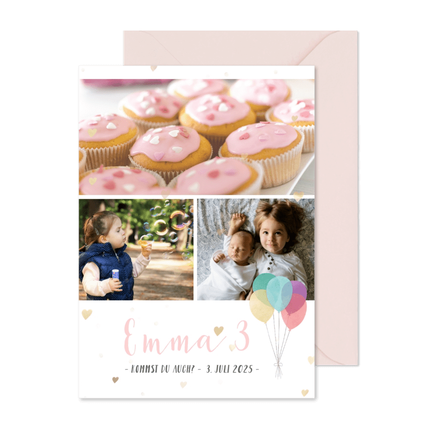 Einladung 3. Kindergeburtstag mit Fotos und Herzen - Karteneindruck

