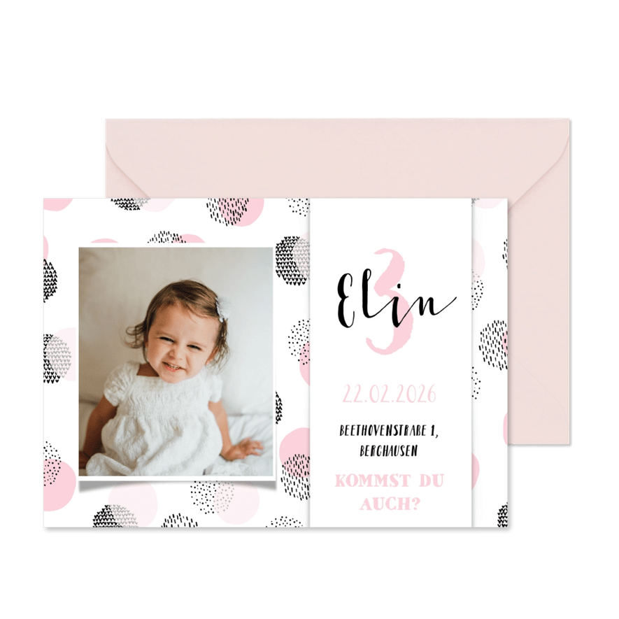 Einladung 3. Kindergeburtstag mit Konfetti und Foto - Karteneindruck
