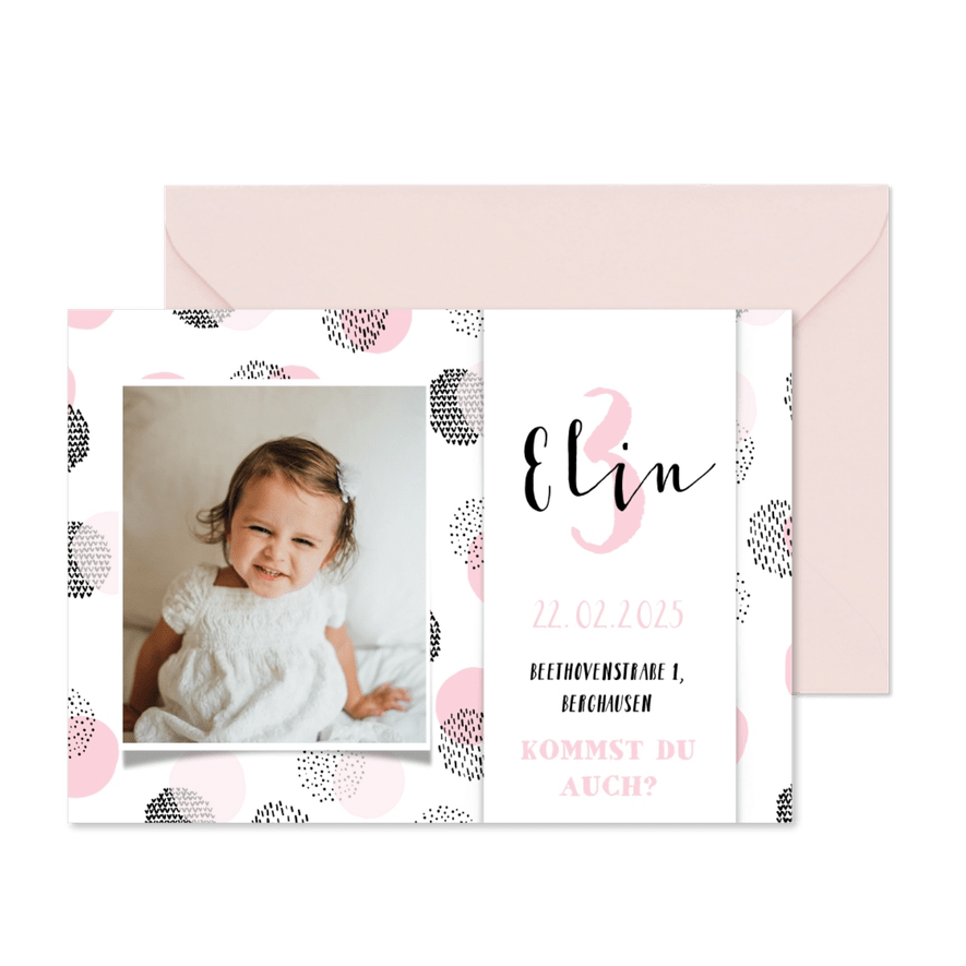 Einladung 3. Kindergeburtstag mit Konfetti und Foto - Karteneindruck