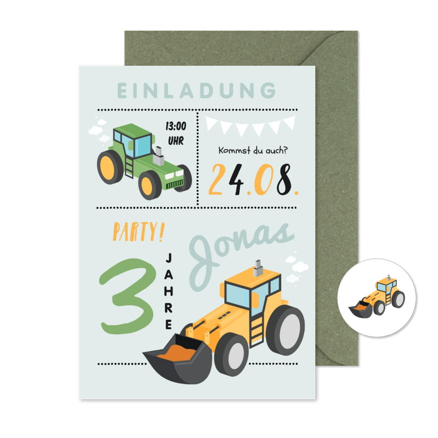 Einladung 3. Kindergeburtstag Traktor, Bagger und Foto innen - Karteneindruck