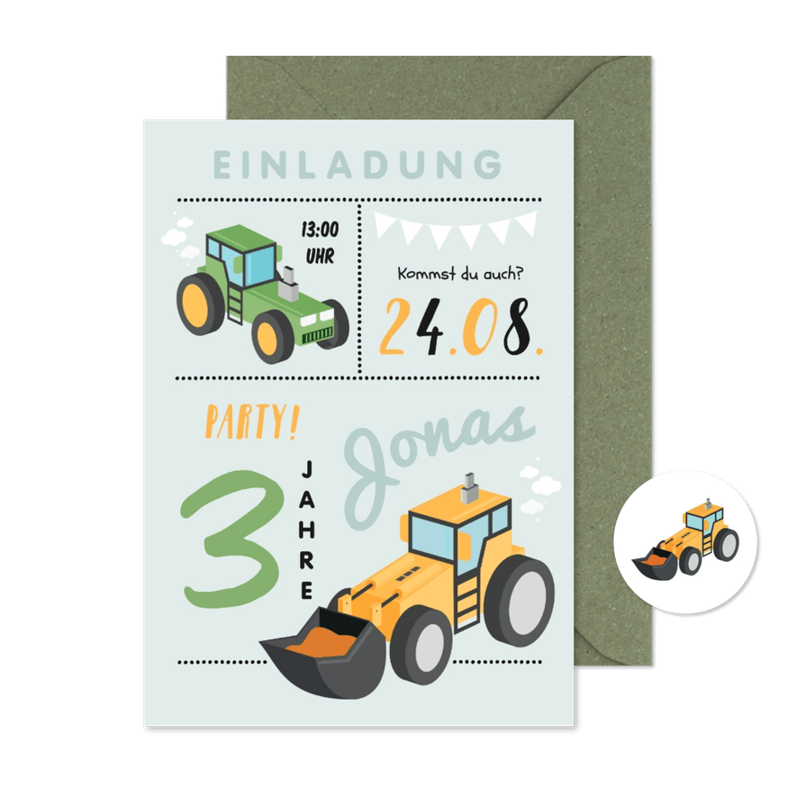 Einladung 3. Kindergeburtstag Traktor, Bagger und Foto innen - Karteneindruck
