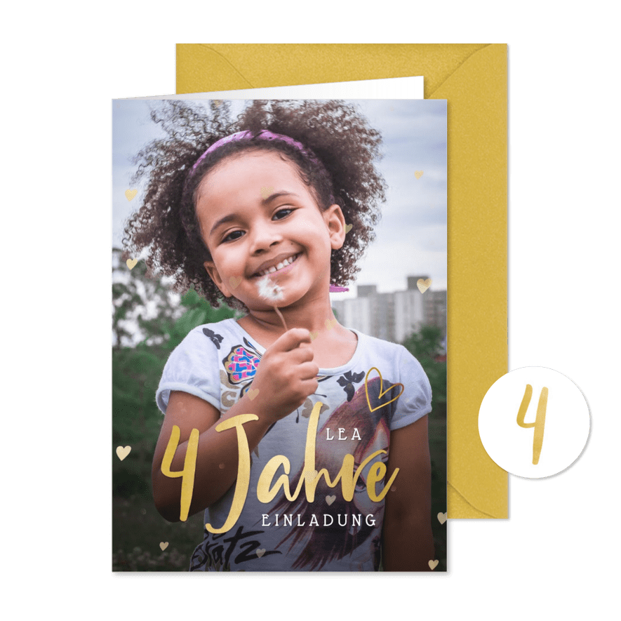 Einladung 4. Geburtstag Foto Goldlook - Karteneindruck
