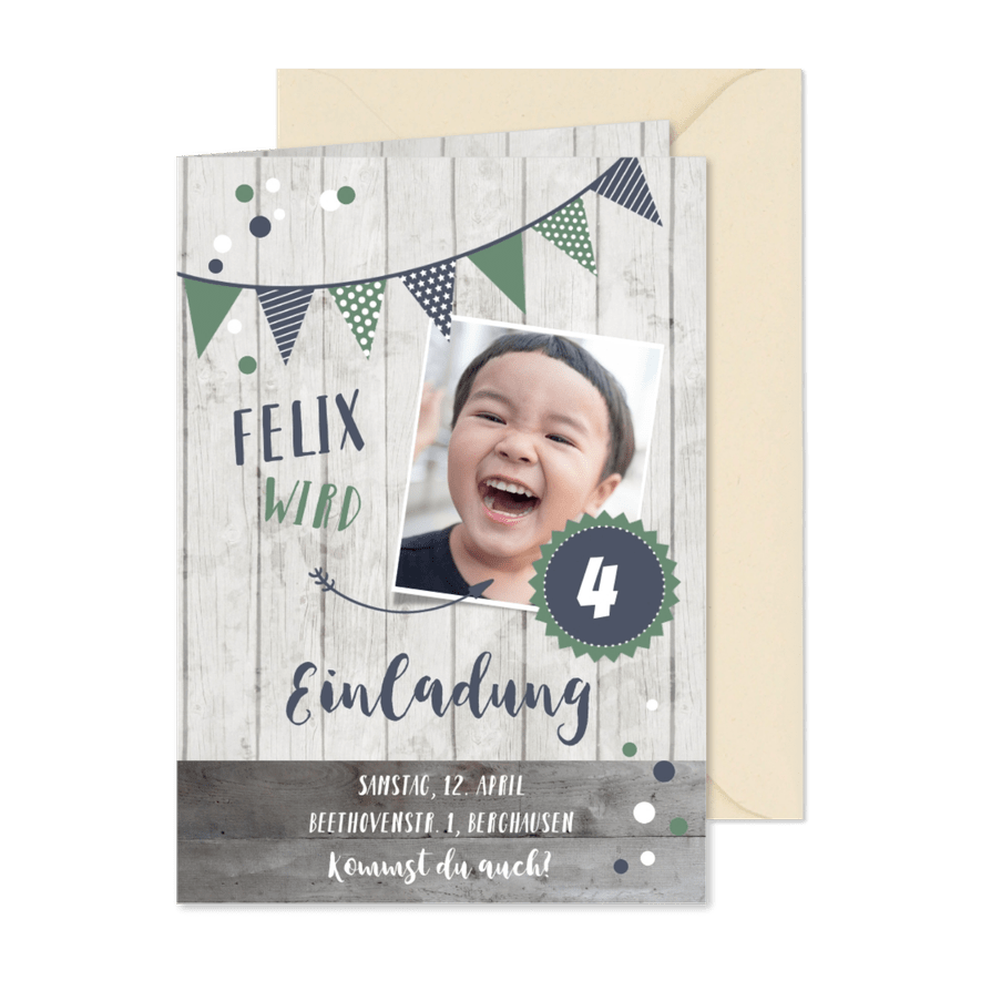 Einladung 4. Kindergeburtstag Blue & Green - Kartenvorschau