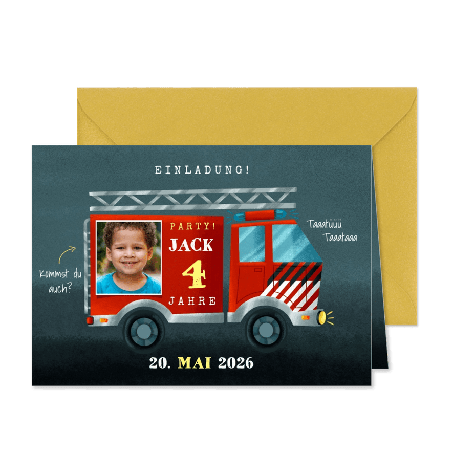 Einladung 4. Kindergeburtstag Feuerwehrauto mit Foto - Karteneindruck
