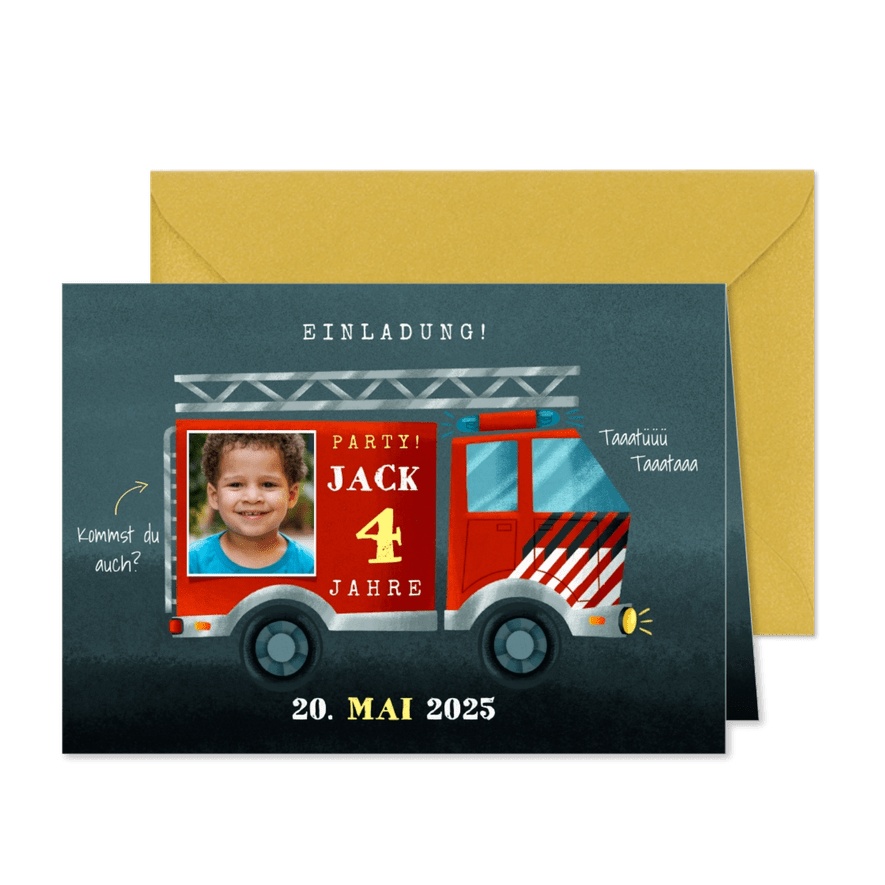 Einladung 4. Kindergeburtstag Feuerwehrauto mit Foto - Karteneindruck