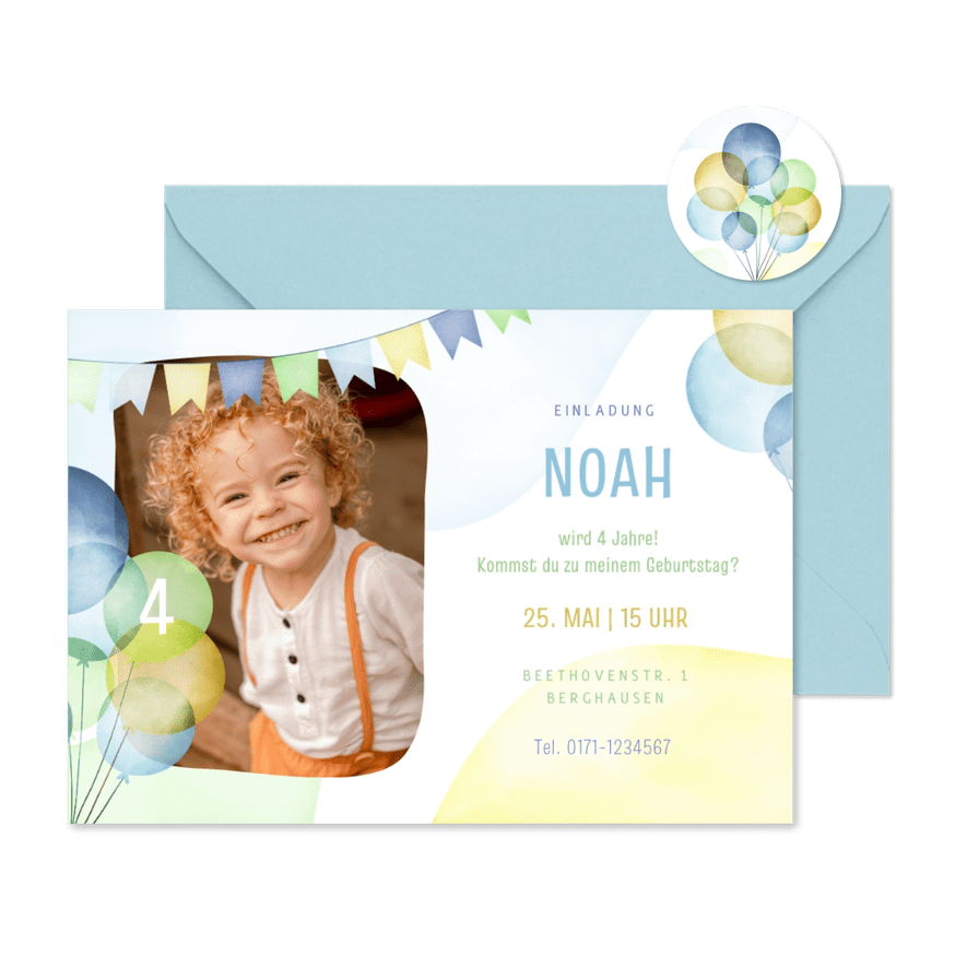Einladung 4. Kindergeburtstag Luftballons & Foto - Karteneindruck