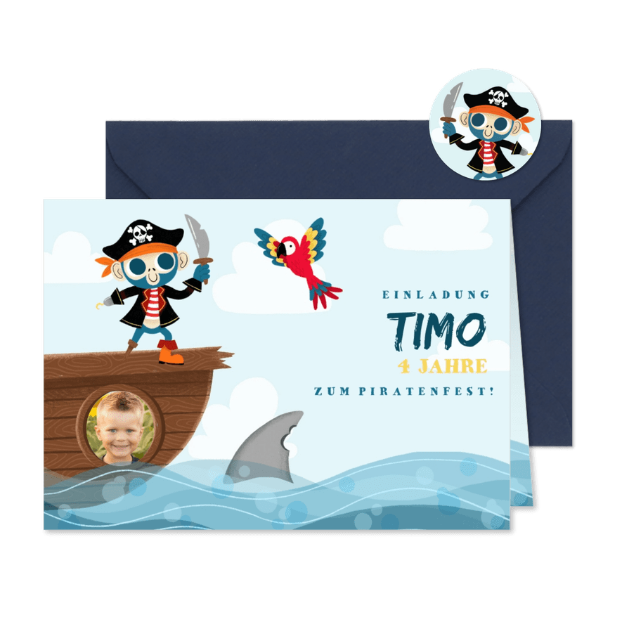 Einladung 4. Kindergeburtstag mit Pirat und Papagei - Karteneindruck
