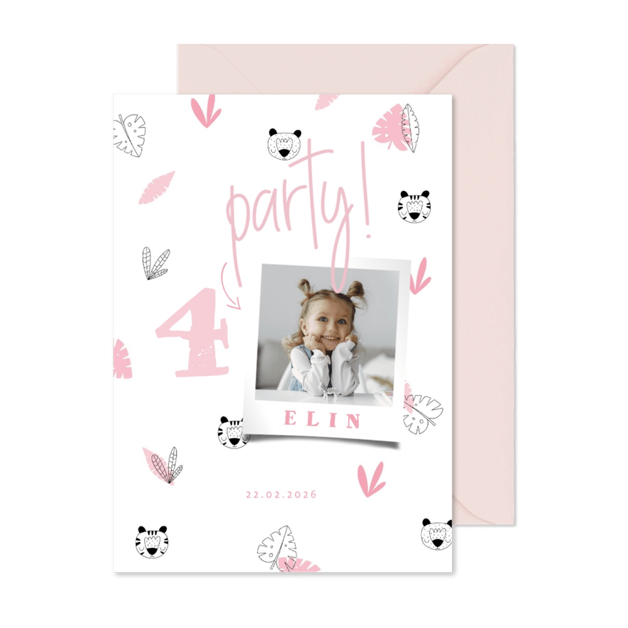 Einladung 4. Kindergeburtstag rosa Dschungel Muster und Foto - Karteneindruck
