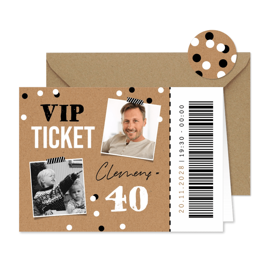 Einladung 40. Geburtstag VIP-Ticket mit Fotos - Karteneindruck
