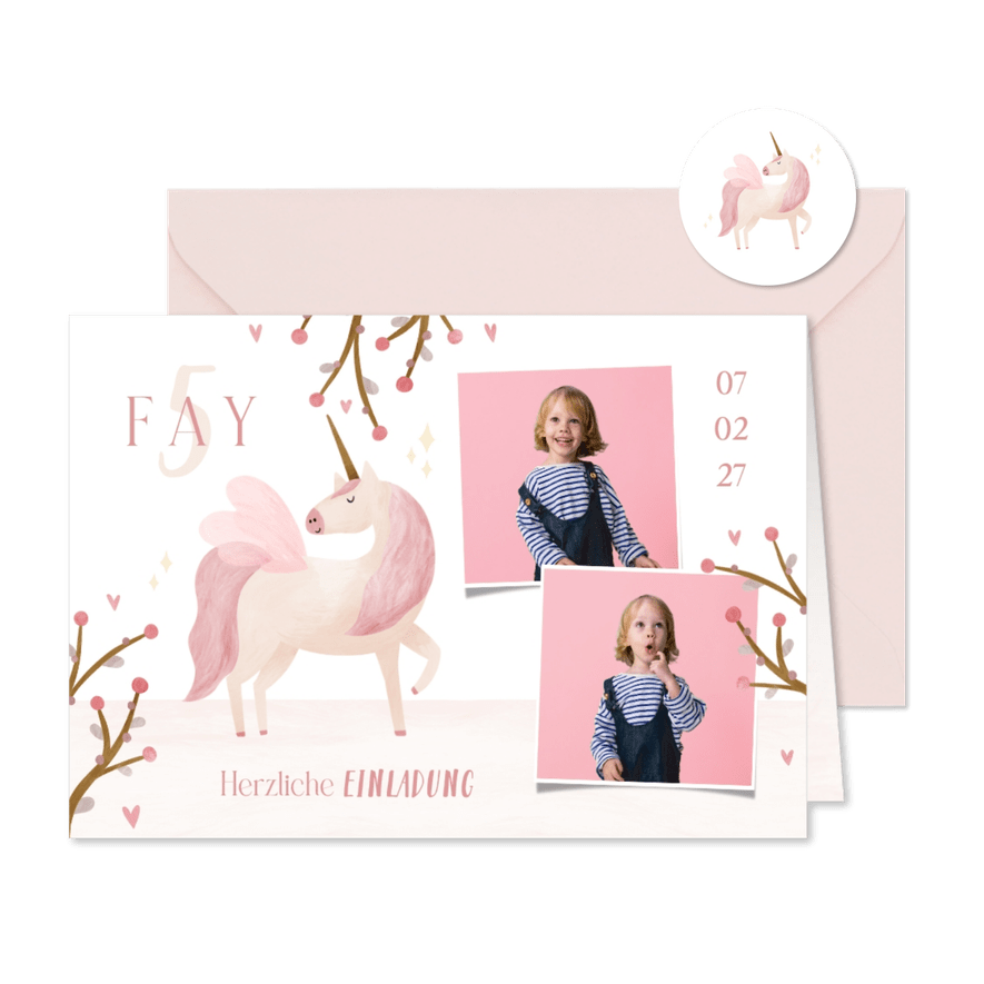 Einladung 5. Geburtstag Einhorn Pastell Fotocollage - Karteneindruck
