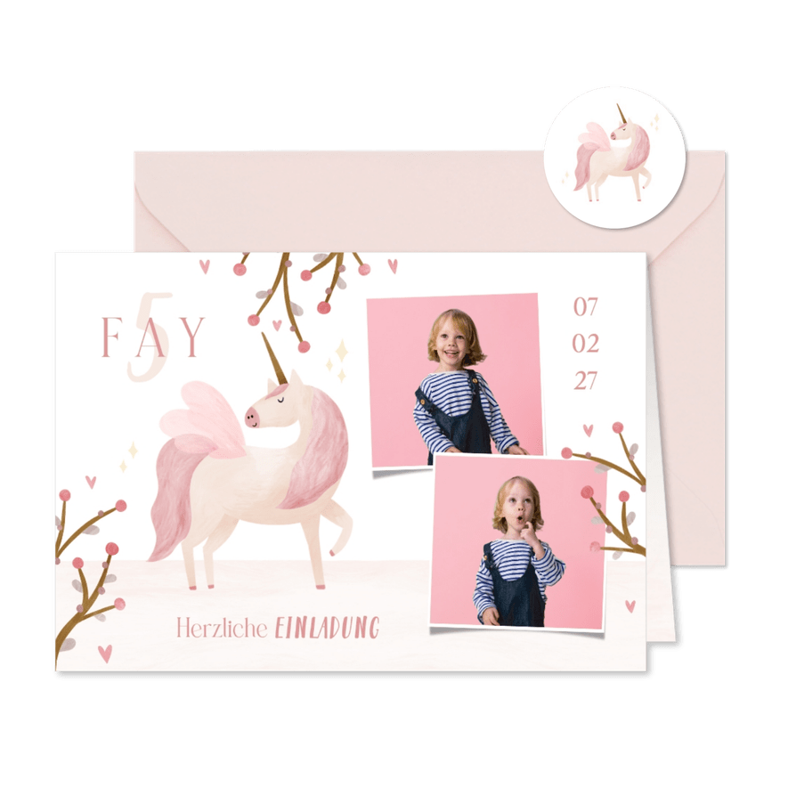 Einladung 5. Geburtstag Einhorn Pastell Fotocollage - Karteneindruck
