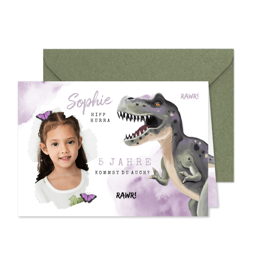Einladung 5. Kindergeburtstag Dinosaurier Mädchen - Karteneindruck
