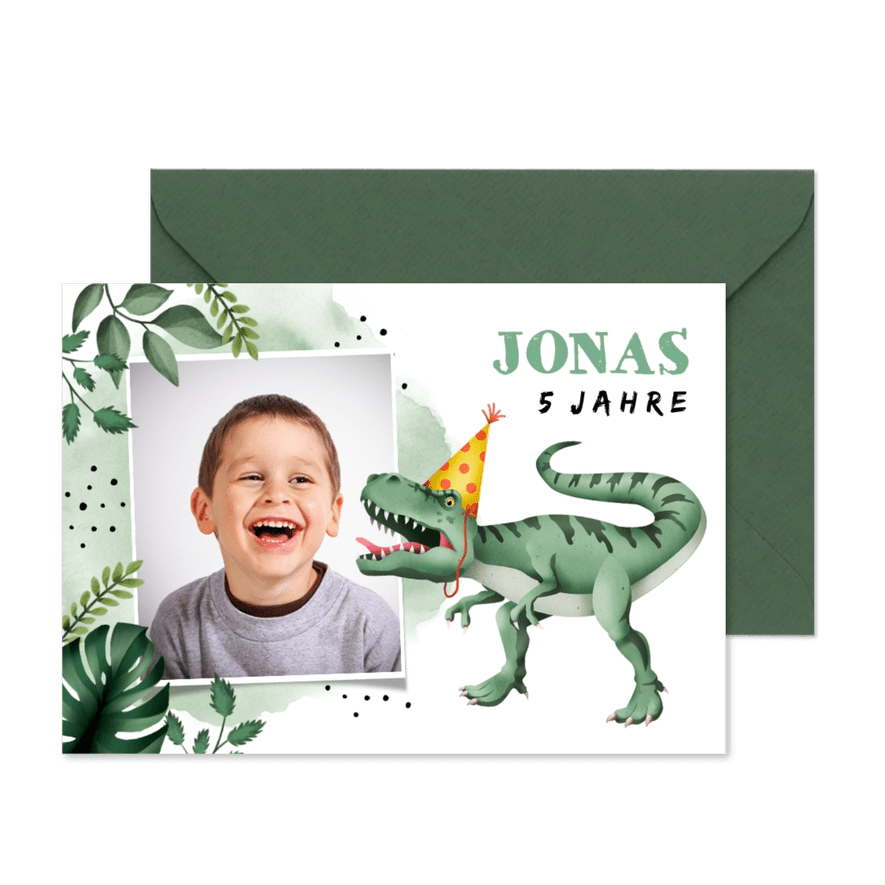Einladung 5. Kindergeburtstag Dinosaurier und Foto - Karteneindruck
