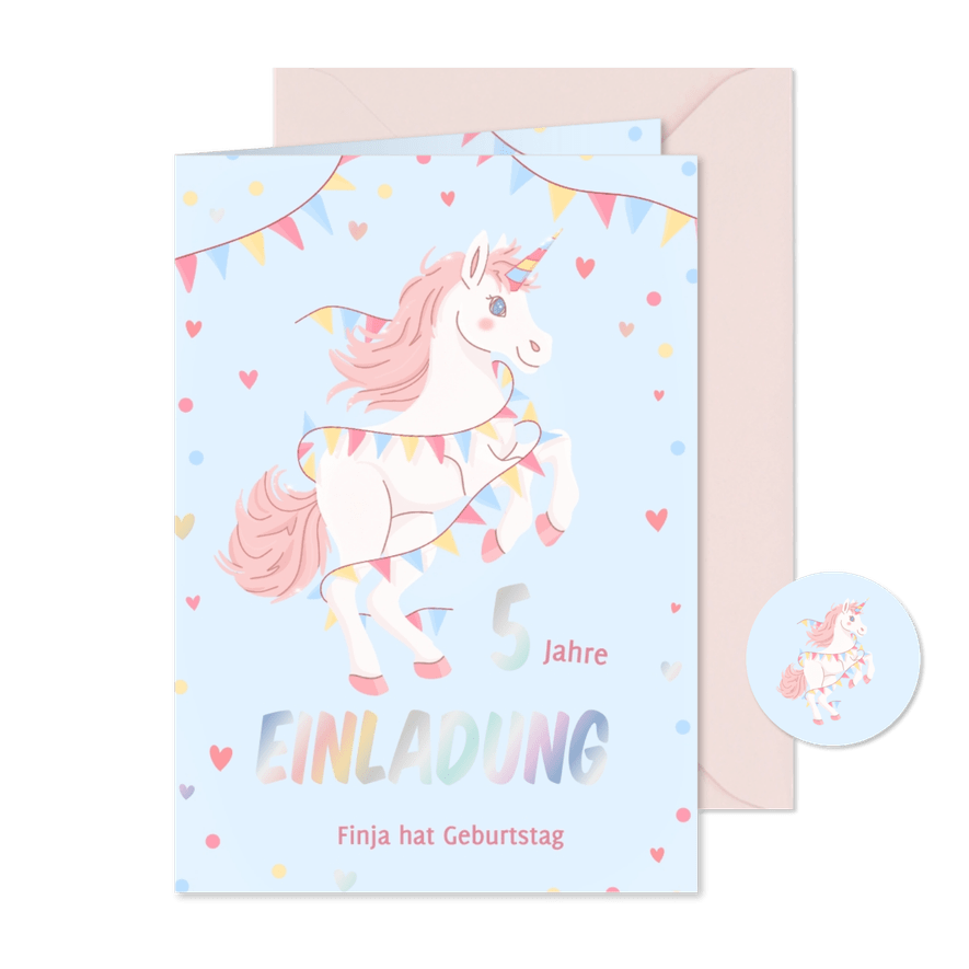 Einladung 5. Kindergeburtstag Einhorn mit Girlande - Karteneindruck