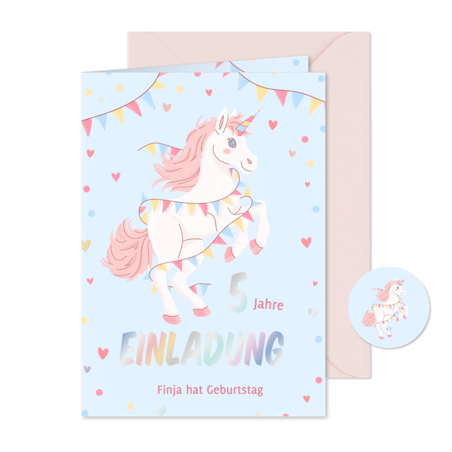 Einladung 5. Kindergeburtstag Einhorn mit Girlande - Karteneindruck
