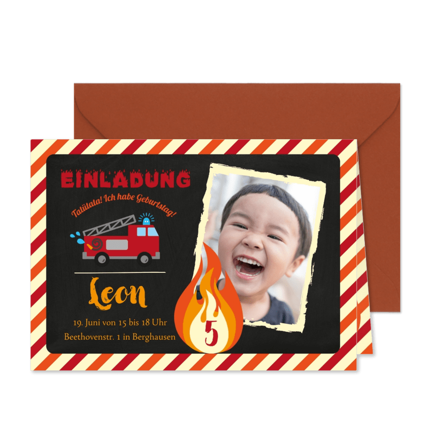 Einladung 5. Kindergeburtstag Feuerwehr mit Foto - Karteneindruck
