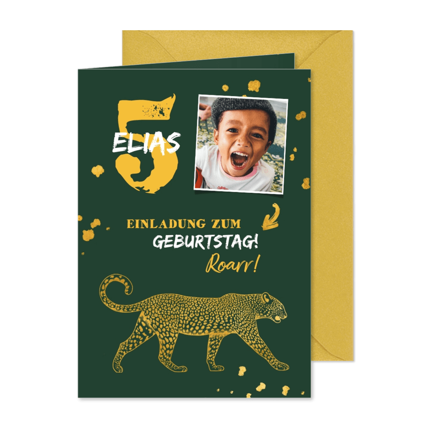 Einladung 5. Kindergeburtstag Foto & Leopard - Kartenvorschau