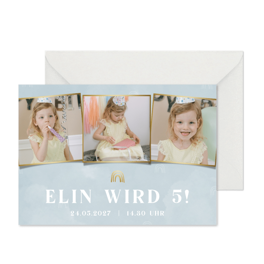 Einladung 5. Kindergeburtstag Fotoreihe auf Pastell - Kartenvorschau