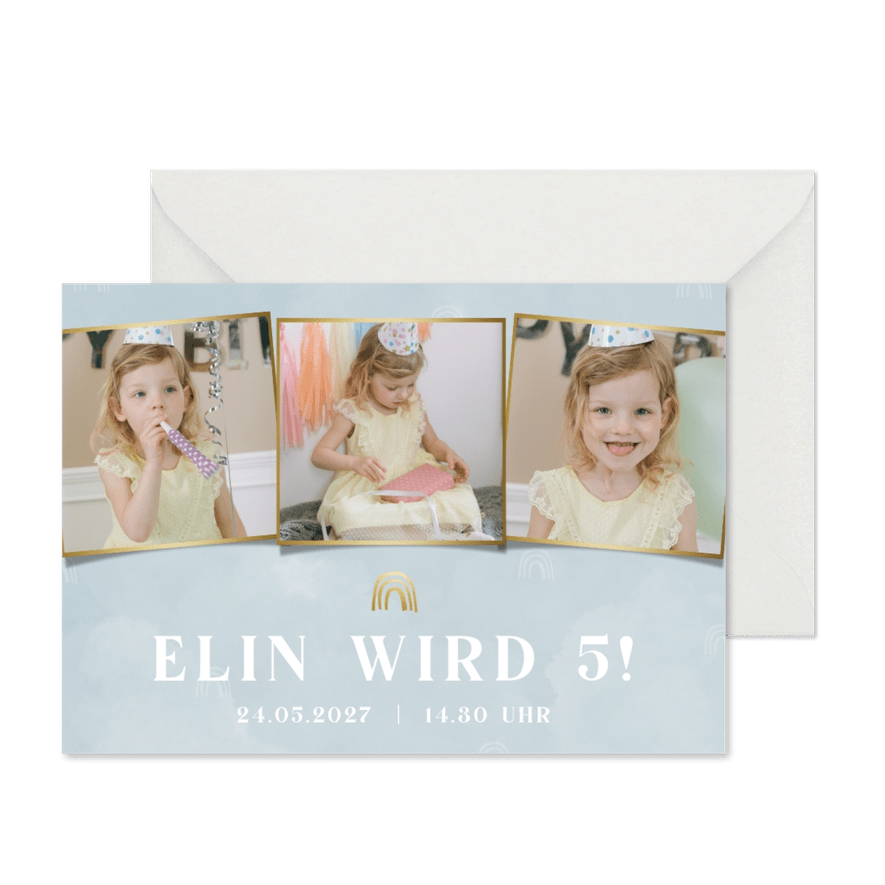 Einladung 5. Kindergeburtstag Fotoreihe auf Pastell - Karteneindruck
