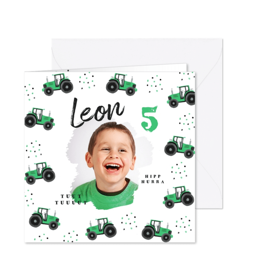 Einladung 5. Kindergeburtstag grüne Traktoren - Karteneindruck
