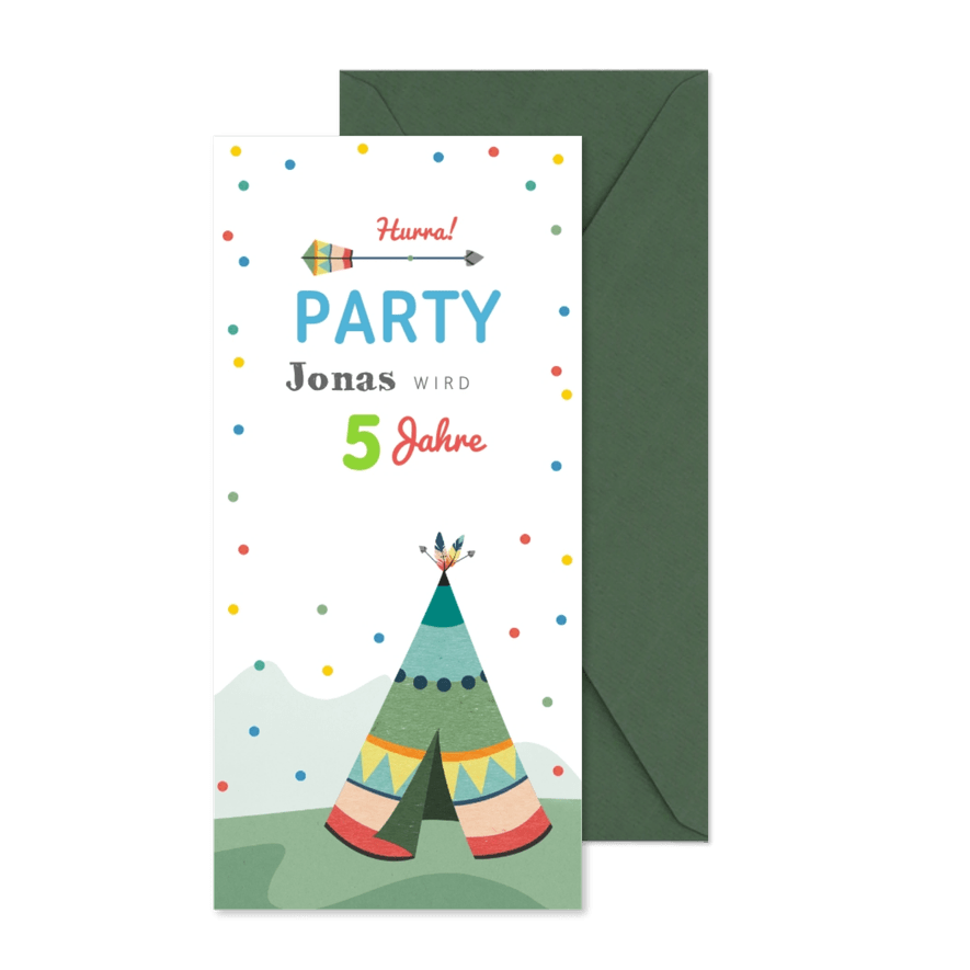 Einladung 5. Kindergeburtstag Indianerzelt - Karteneindruck