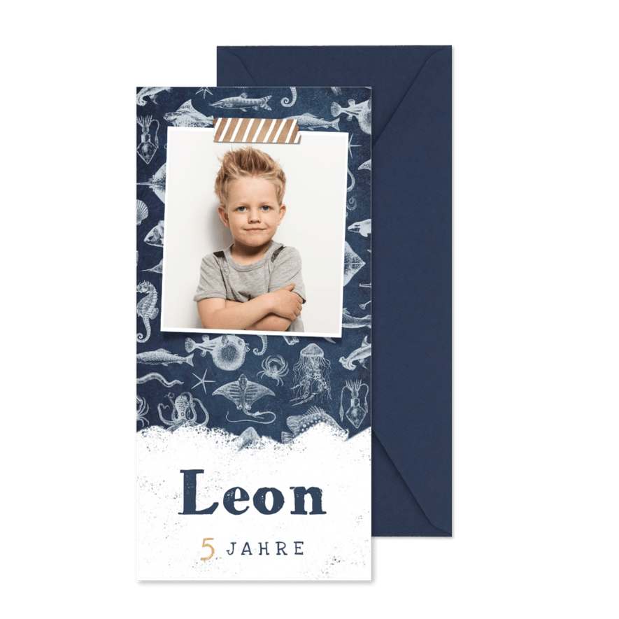 Einladung 5. Kindergeburtstag mit Meerestieren - Karteneindruck
