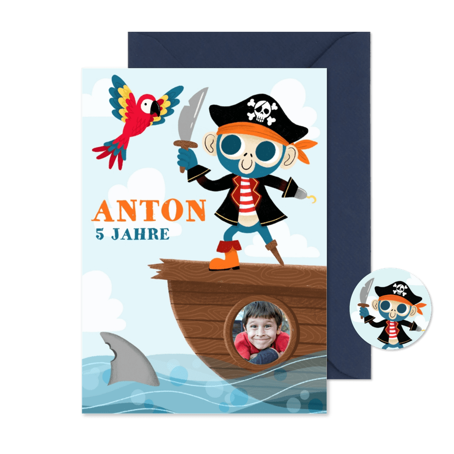 Einladung 5. Kindergeburtstag Pirat mit Foto - Karteneindruck
