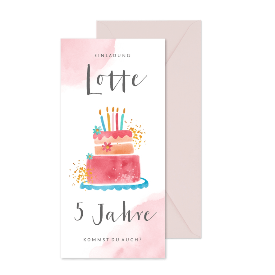 Einladung 5. Kindergeburtstag Torte und Blumen - Karteneindruck