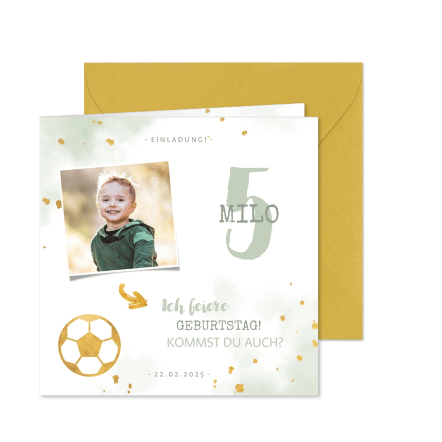 Einladung 5. Kindergeburtstag Wasserfarbe, Foto und Fußball - Karteneindruck