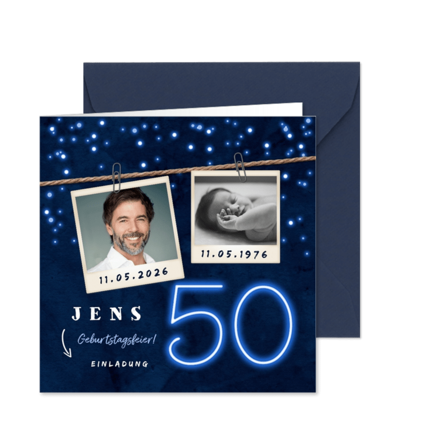 Einladung 50. Geburtstag Fotos an Kordel - Kartenvorschau
