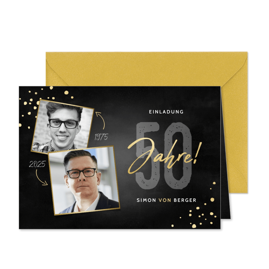Einladung 50. Geburtstag mit Konfetti & zwei Fotos - Karteneindruck