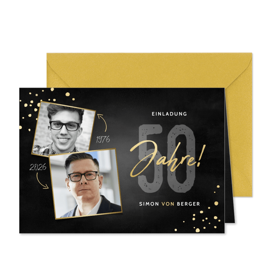 Einladung 50. Geburtstag mit Konfetti & zwei Fotos - Karteneindruck
