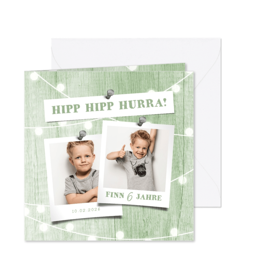 Einladung 6. Kindergeburtstag auf Holz mit Lichterkette - Karteneindruck