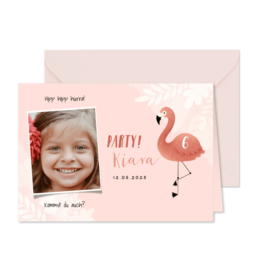 Einladung 6. Kindergeburtstag botanisch Flamingo und Foto - Karteneindruck