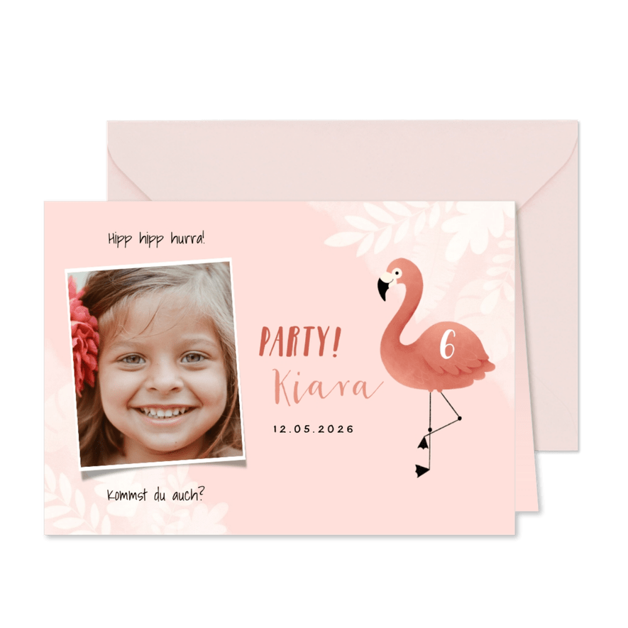 Einladung 6. Kindergeburtstag botanisch Flamingo und Foto - Kartenvorschau