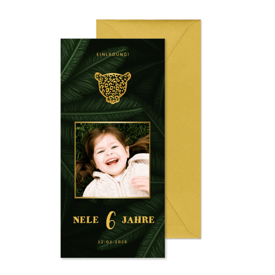 Einladung 6. Kindergeburtstag Dschungel Blätter und Foto - Karteneindruck
