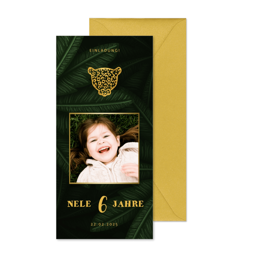 Einladung 6. Kindergeburtstag Dschungel Blätter und Foto - Karteneindruck