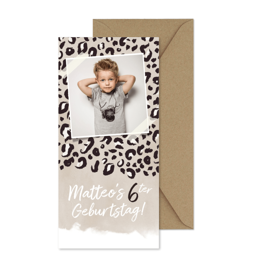 Einladung 6. Kindergeburtstag Foto Leopard beige - Kartenvorschau