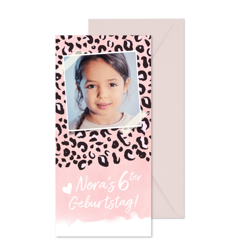 Einladung 6. Kindergeburtstag Foto Leopard rosa - Kartenvorschau
