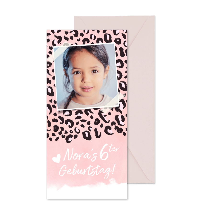 Einladung 6. Kindergeburtstag Foto Leopard rosa - Karteneindruck