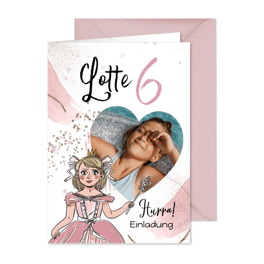 Einladung 6. Kindergeburtstag Foto & Prinzessin - Karteneindruck